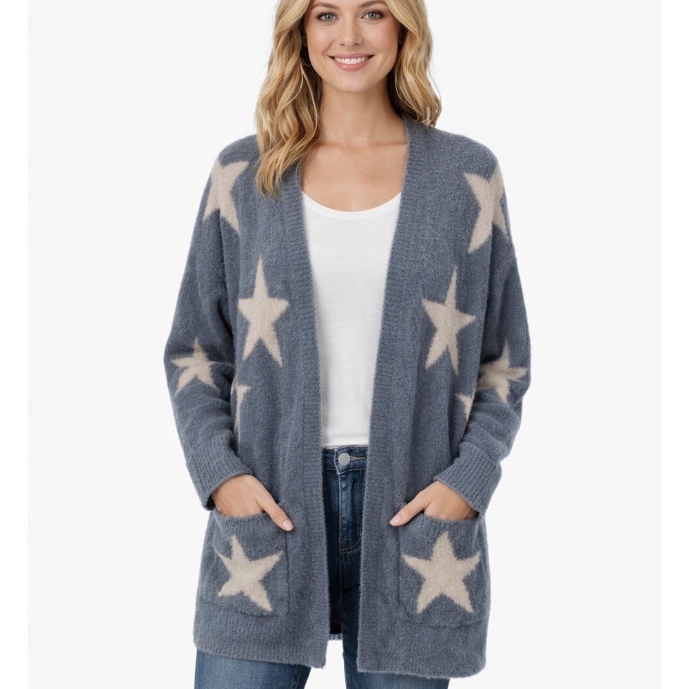 Sincerely Jules Cardigan Women's M Blue Stars Soft Cozy Lounge Pockets Sweater